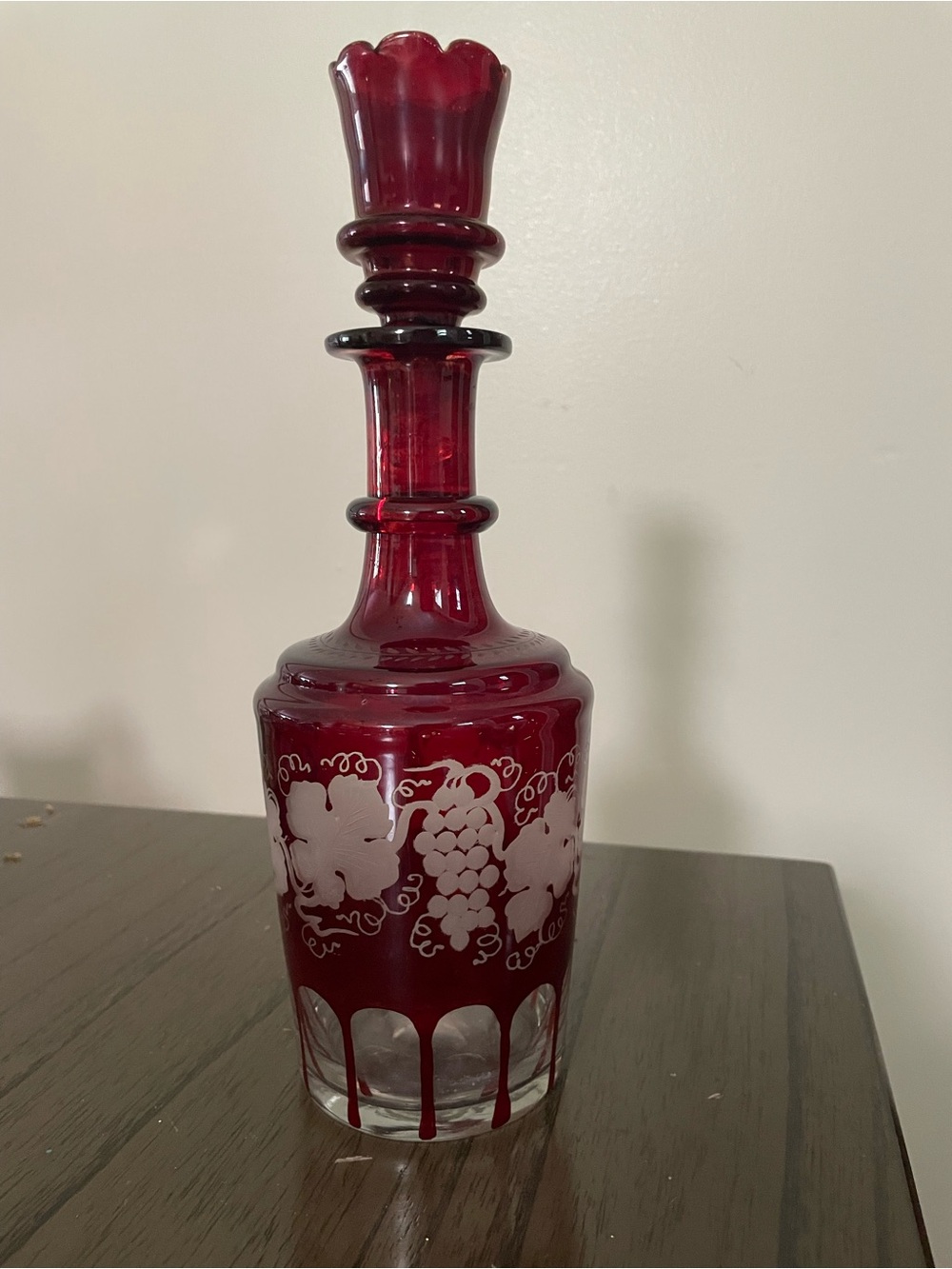 Vintage Ruby Red Etched Glass Decanter with Stopper - Vintage